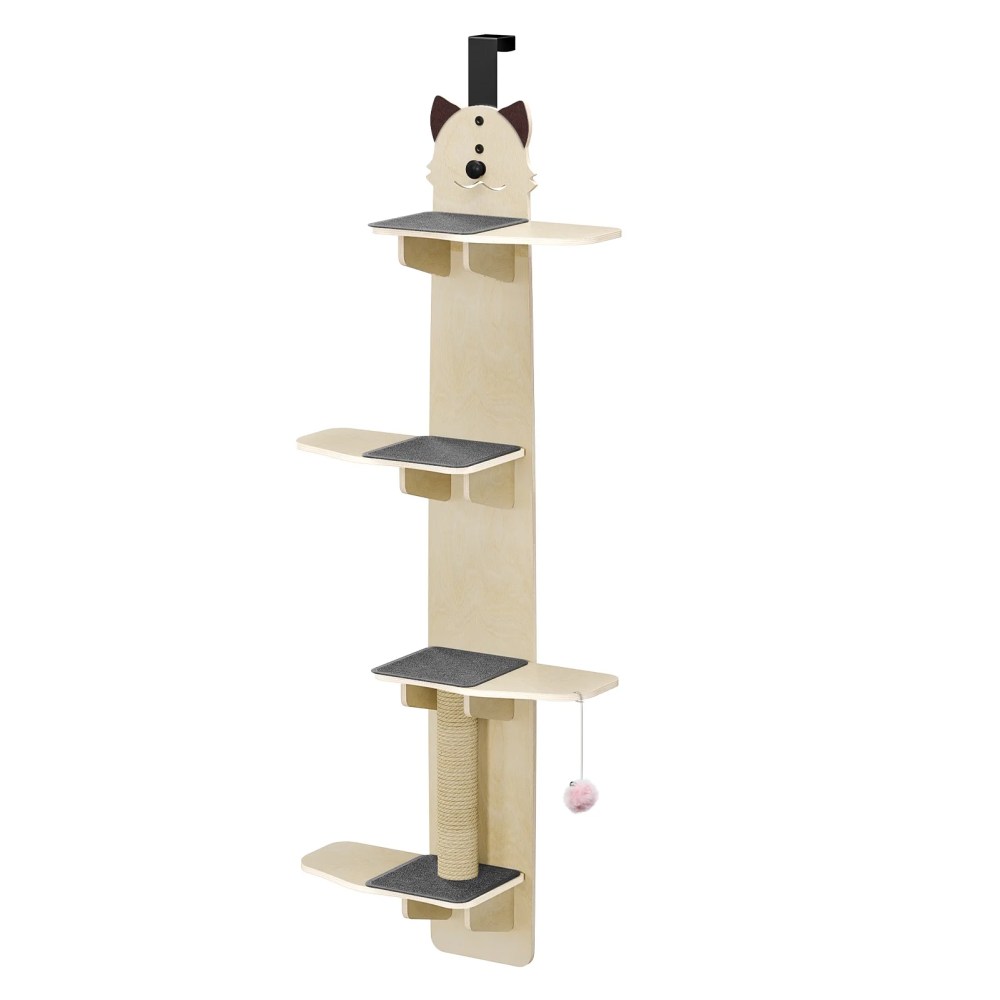 Jnismy Cat Door Hanger, 4-Tiers Vertical Cat Tree over The Door, Door Hanging Cat Shelves with Scratching Post, Pads, Tease Cat Ball, Over Door Cat Climber (Woodcolor)