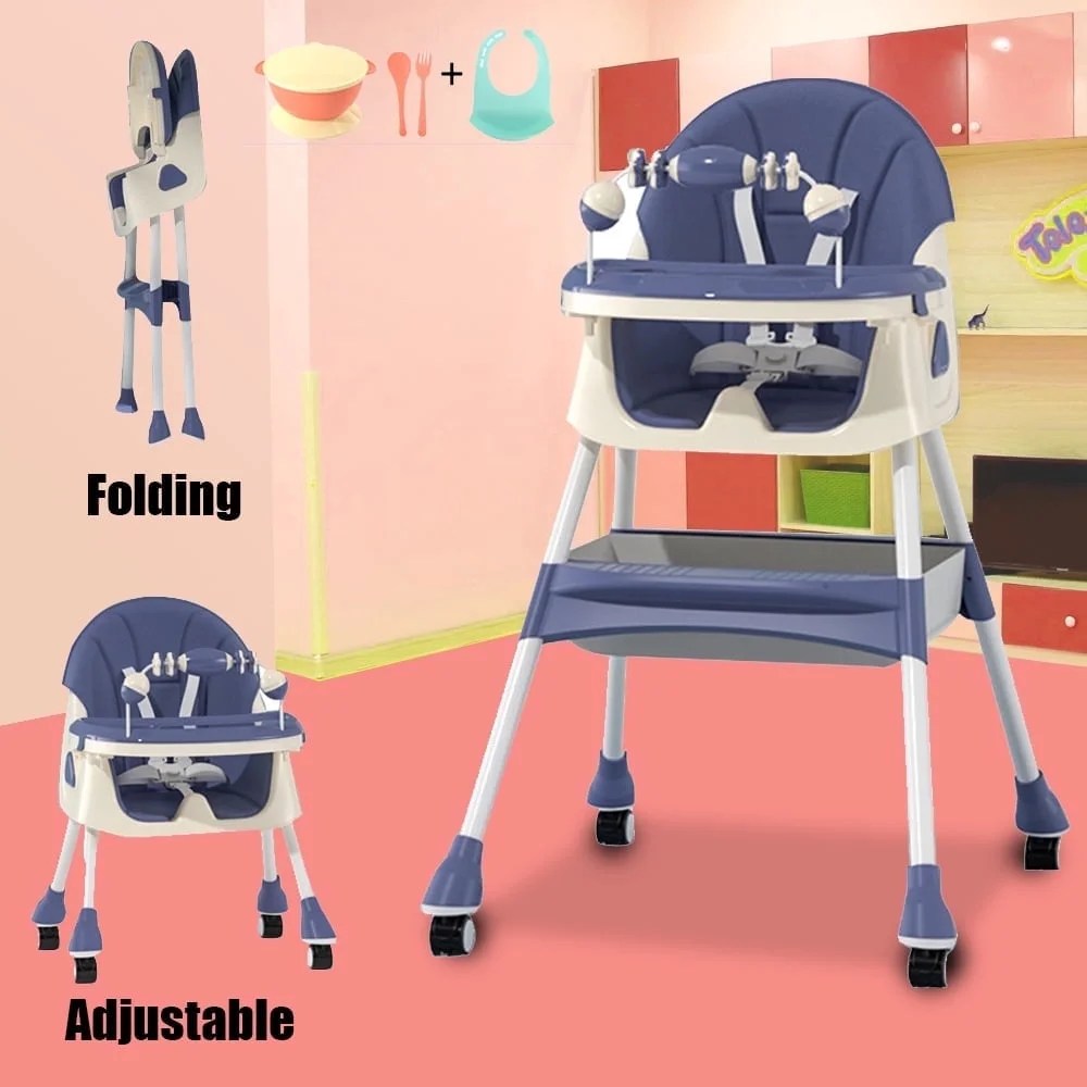 GIATUEE Portable High Chair with Wheels, Foldable Travel High Chair for Babies Toddlers, Blue