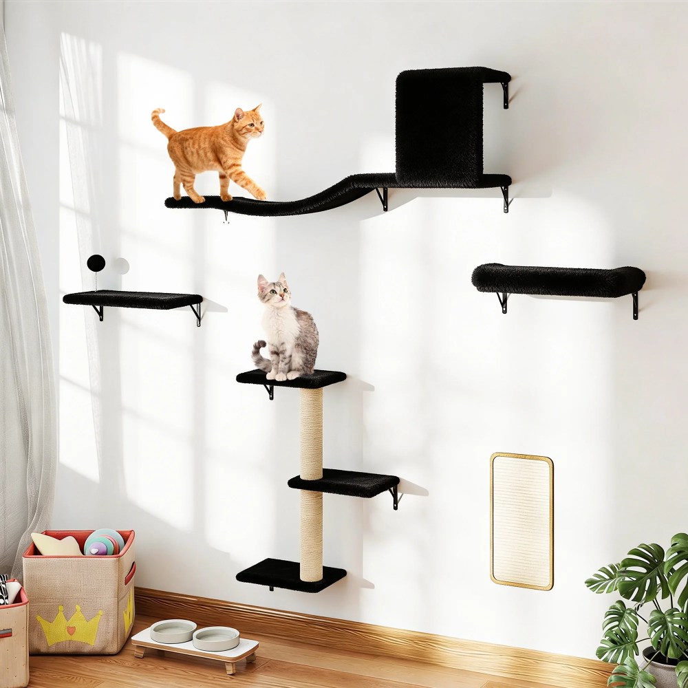 COZIWOW Wall Mounted Cat Furniture,  Cat Wall Shelves and Perches,  Floating Cat Shelves for Wall Set of 5,  BBlack