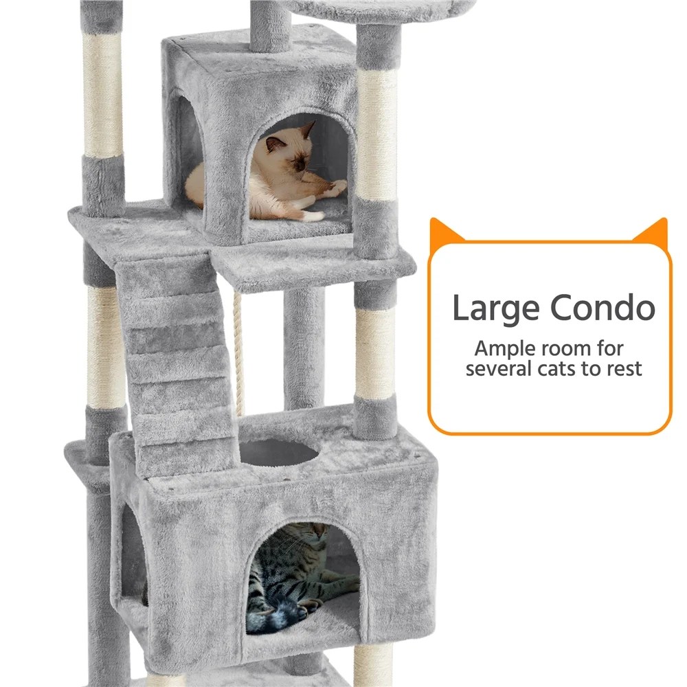 Alden Design 72" H Multi-Level Large Cat Tree with 2 Cozy Perches for Medium Cats, Light Gray - Image 2