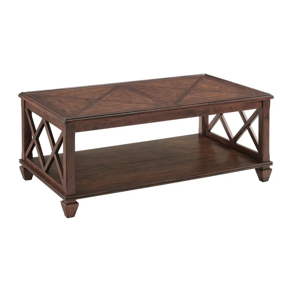 Alaterre Furniture Stockbridge 45 in. Wood Coffee Table with Storage Shelf and Detailed Side Panels,Traditional Accent Table for Living Room or Home Office,Brown
