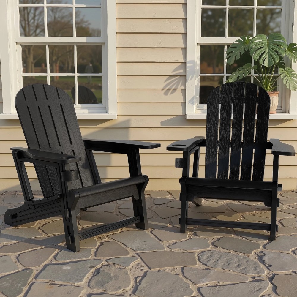 Walsunny Adirondack Chairs Set of 2 Fire Pit Chair Set with Connecting Tray Cup Holder Removable Tabletop, All-Weather HDPE Outdoor Chair Set for Patio Garden Lawn, Black