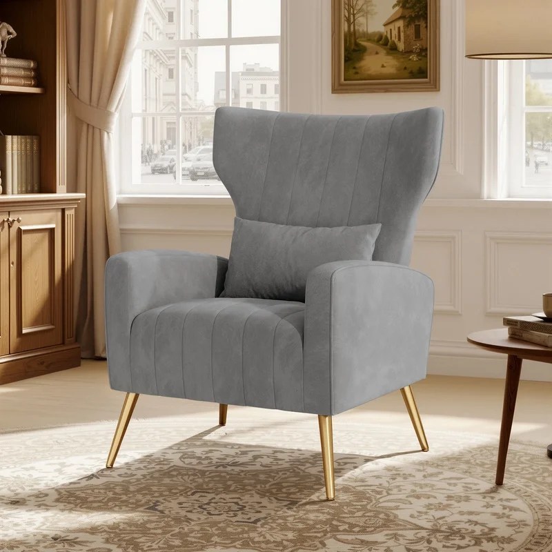 Daluvenix Velvet Accent Chair for Living Room,Modern Arm Chair with Pillow,Single Sofa Lounge Chair for Bedroom & Reading Room,Grey
