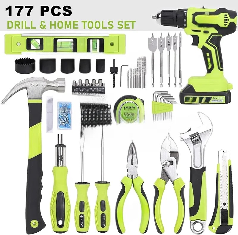 177-Piece 20V Cordless Lithium-ion Drill Driver and Home Tool Set,Household Repairing Kit with in Storage Case,Green - Image 4