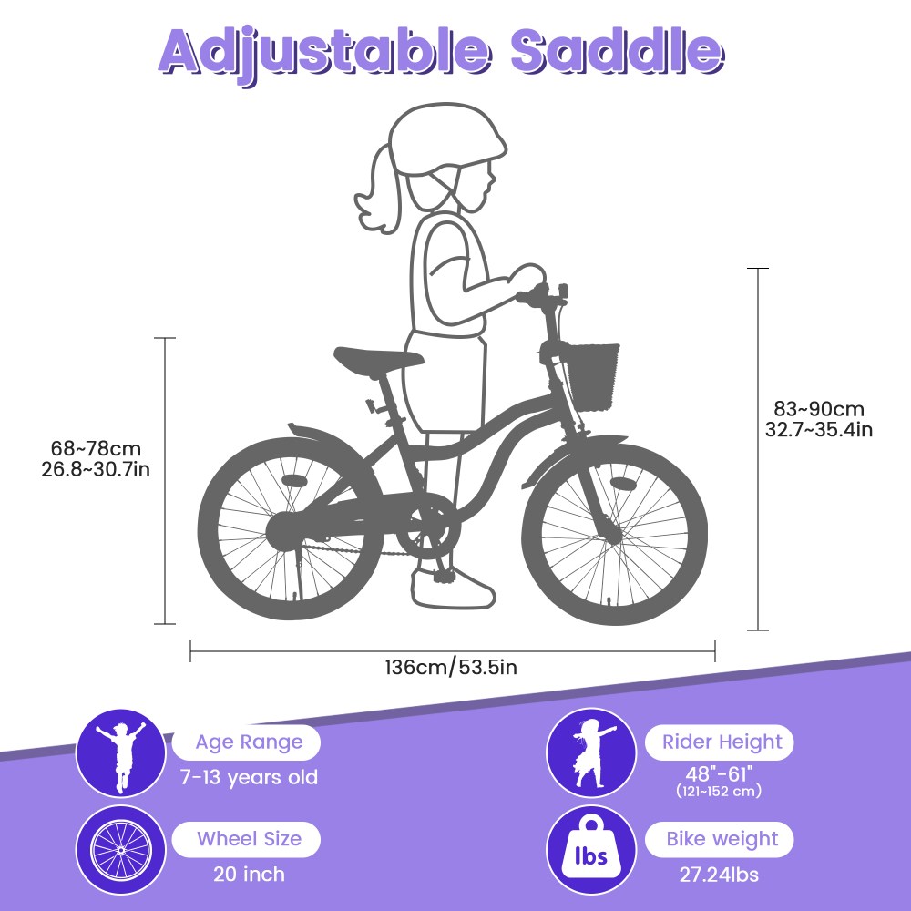 Bstjewey 20" Kids' Bike, Fits Riders 4'8" - 6'1", Purple, Child, Girl's - Image 5