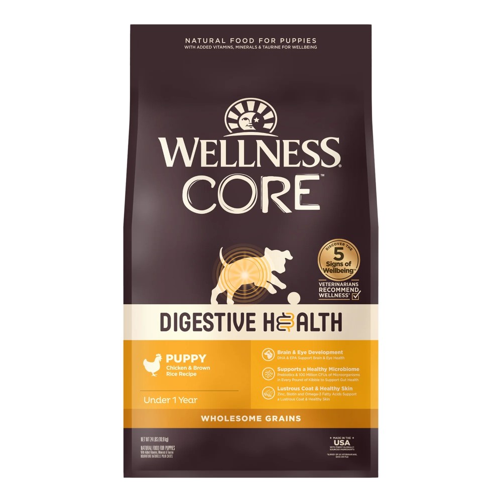 Wellness CORE Digestive Health Puppy Dry Dog Food,  Wholesome Grains,  Natural,  High Quality Ingredients for Dogs with Sensitive Stomachs,  Chicken Recipe,  (24-Pound Bag)