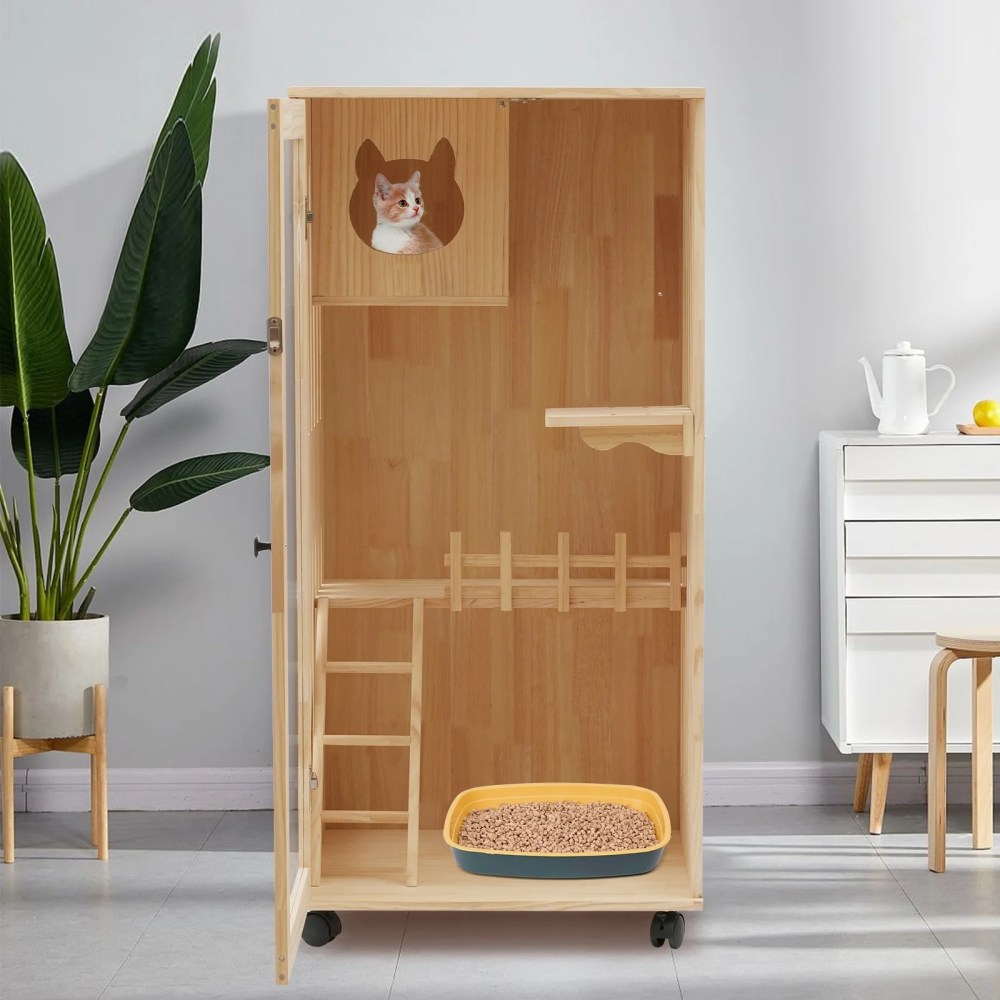 ChicHomey Large Wooden Cat House for Cats, Multi-Feature Cat Condo with Cat Scratching Posts Oversized Cat Villa on Wheels, Ventilated Design Safe Cozy Sleeping Playing Space - Image 10