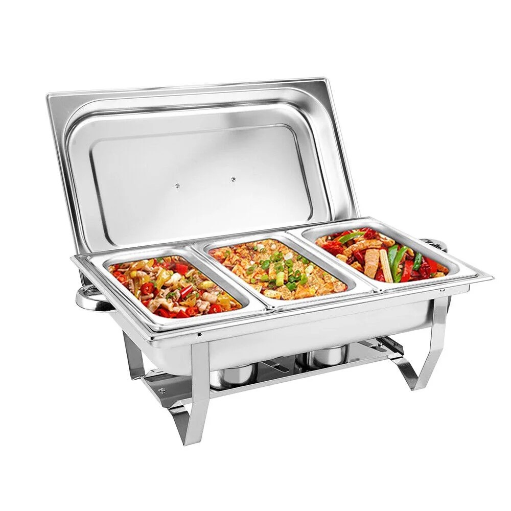 9.5Qt Commercial Chafing Dish Buffet Serving Trays,Rectangle Stainless Steel Food Warmer Buffet Server 1/3 Size Serving Pans Silver