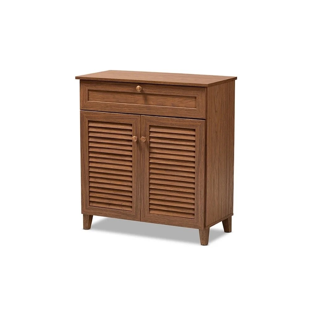 Baxton Studio Coolidge Modern and Contemporary Walnut Finished 4-Shelf Wood Shoe Storage Cabinet with Drawer, 14.7 inchD x 30.75 inchW x 33.38 inchH