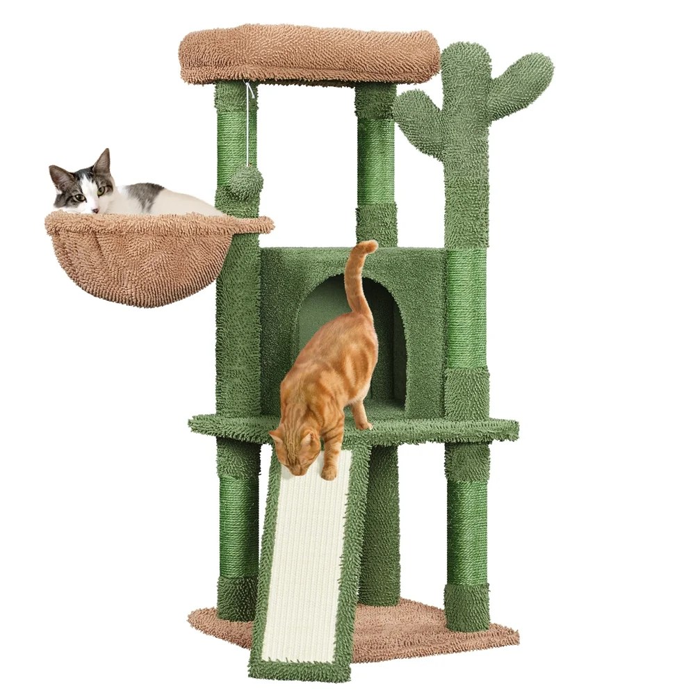 Alden Design 42" H Cactus Cat Tree Tower with Natural Sisal Scratching Posts, Green & Brown