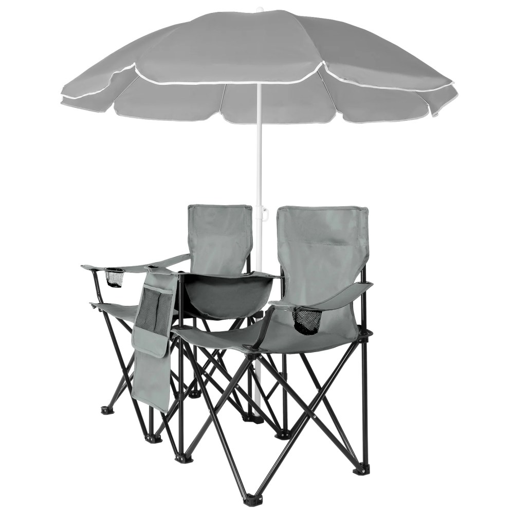 UBesGoo, Beach Chair, Two Seat Portable Chair, Folding Chairs for Outside with Umbrella, Fishing Chair with Canopy, With Bag Gray
