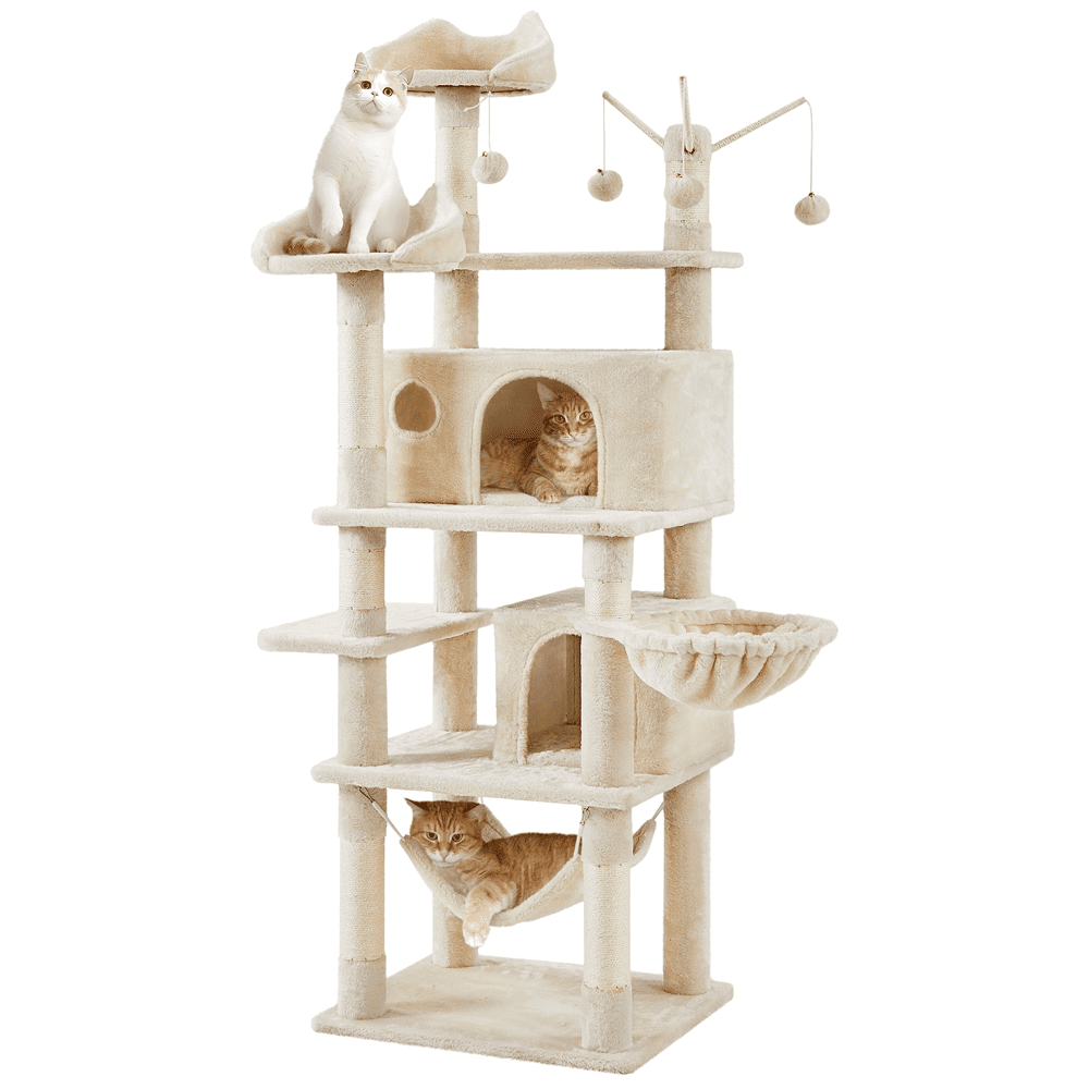 Alden Design 67" H Large Multi-Level Cat Tree with 2 Cat Condos for Indoor Cats, Beige