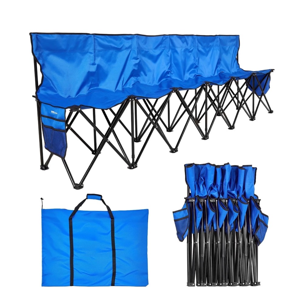 VEVOR Portable Folding Bench, 6 Seat Foldable Soccer Bench with Side Pockets and Carrying Bag, Lightweight Sideline Seating with Back Rest for Football, Baseball, Camping, Outdoor Events, Blue