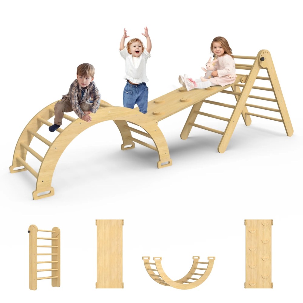Odaof 5 in 1 Pikler Triangle Set,  Baby Climbing Toys Indoor Playground,  Foldable Montessori Toddler Climbing Toys with Sliding Ramp & Climbing Arch Ramp,  Jungle Gym for Kids,  Primary