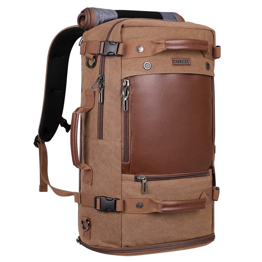 WITZMAN Large Travel Backpack for Men Canvas Rucksack Carry on Luggage Duffel Bag (A2021 Update Brown)