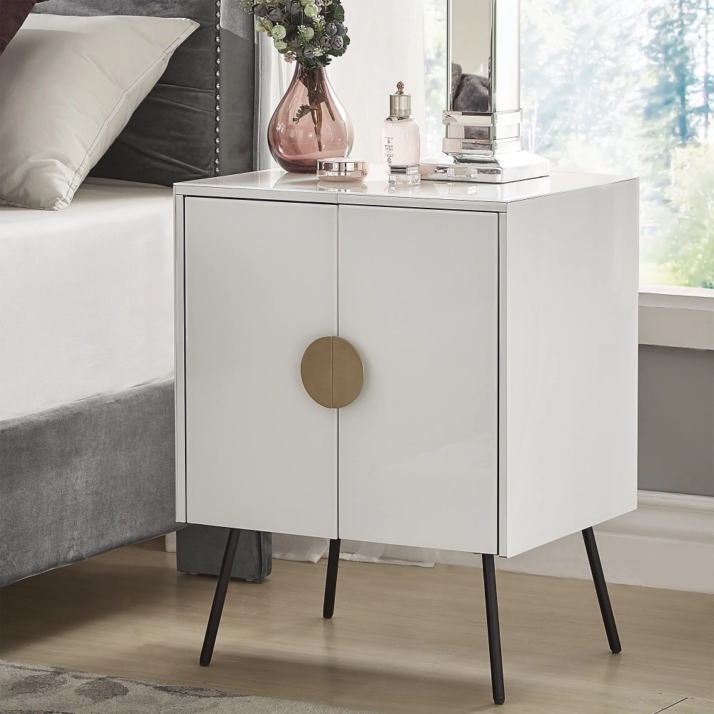 Weston Home Leon White Glass 2-Door Accent Cabinet,Gold Metalic
