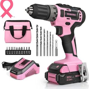 WORKPRO 20V Pink Cordless Drill Driver Set,3/8" Keyless Chuck,2.0 Ah Li-Ion Battery,1 Hour Fast Charger and 11-inch Storage Bag Included