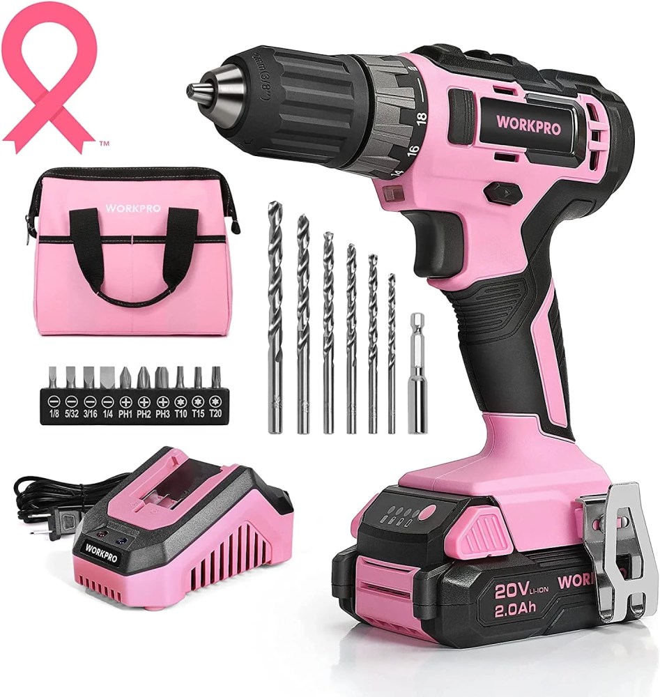 WORKPRO 20V Pink Cordless Drill Driver Set,3/8" Keyless Chuck,2.0 Ah Li-Ion Battery,1 Hour Fast Charger and 11-inch Storage Bag Included