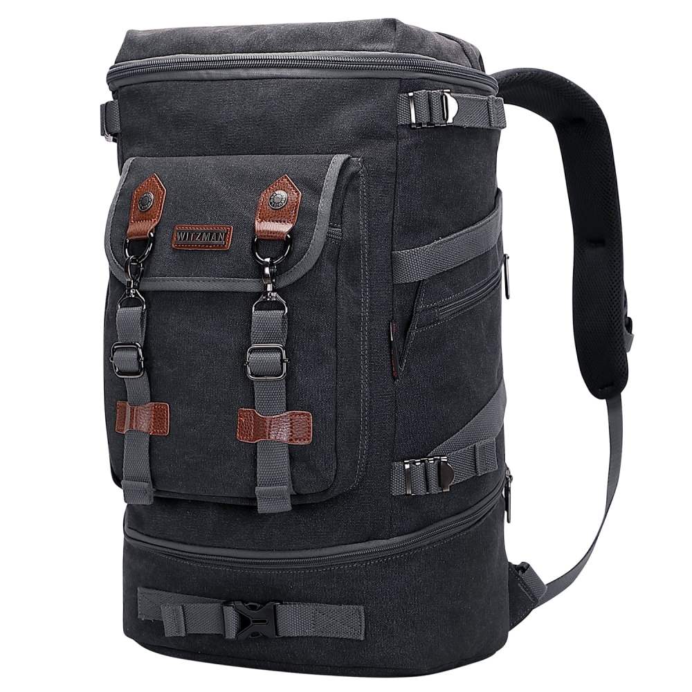 WITZMAN Travel Backpack for Men Large Carry on Vintage Canvas Luggage Backpack Duffel Bag with Shoe Compartment (A568 Black)