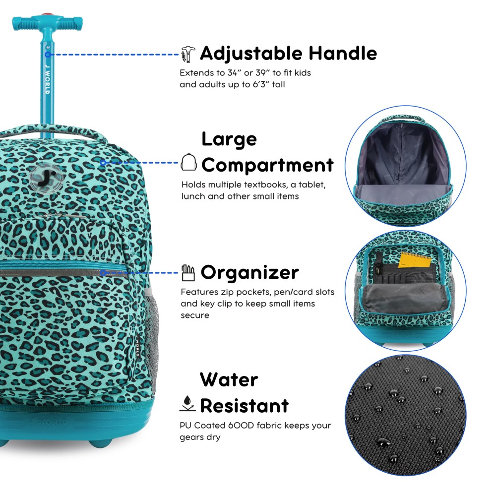 J World Girls Sunrise 18" Rolling Backpack for School and Travel, Mint Leopard - Image 7