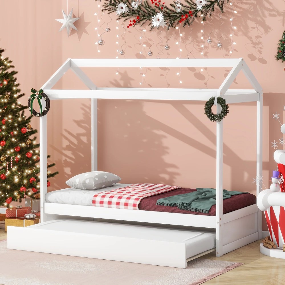 EUROCO Wood Twin Size Platform Bed,House Bed with Trundle,Solid Daybed for Kids Teens Toddler Bedroom