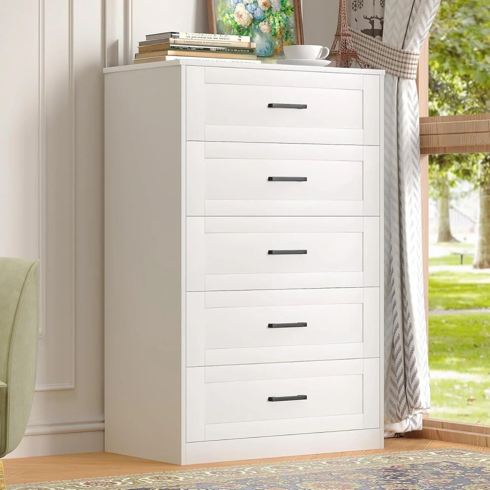 Winkalon White 5 Drawer Dresser,Chest of Drawers for Bedroom,Modern Storage Cabinet Dresser Organizer Unit with Handle for Living Room,Closet,Hallway