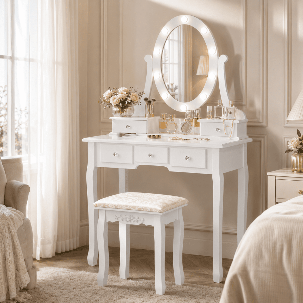Ktaxon Vanity Table 10 LED Lights,5 Drawers Makeup Dressing Desk with Cushioned Stool Set, Bedroom Vanities Set White