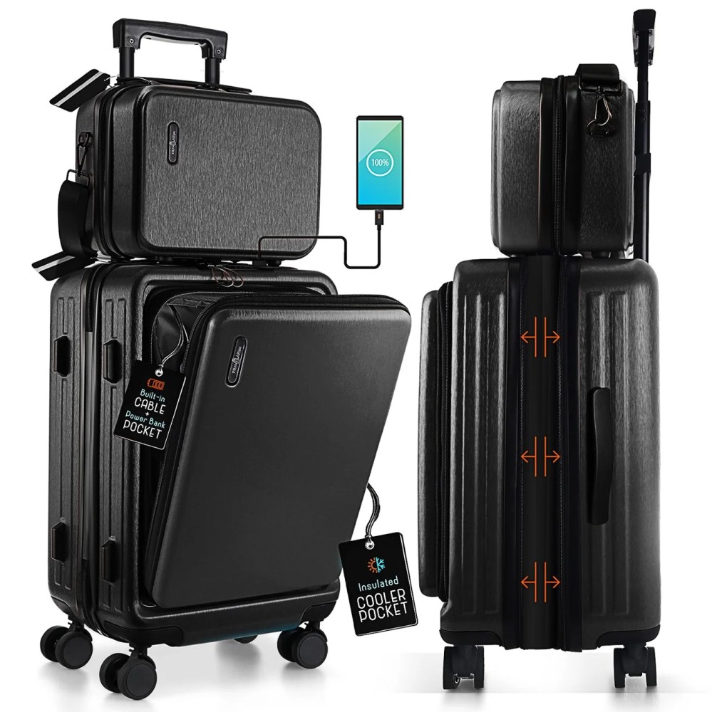 Virtu 20 inch Hardside Carry-On Expandable Luggage,Front Pocket Luggage Set Spinner Suitcase Set,Black - Image 9