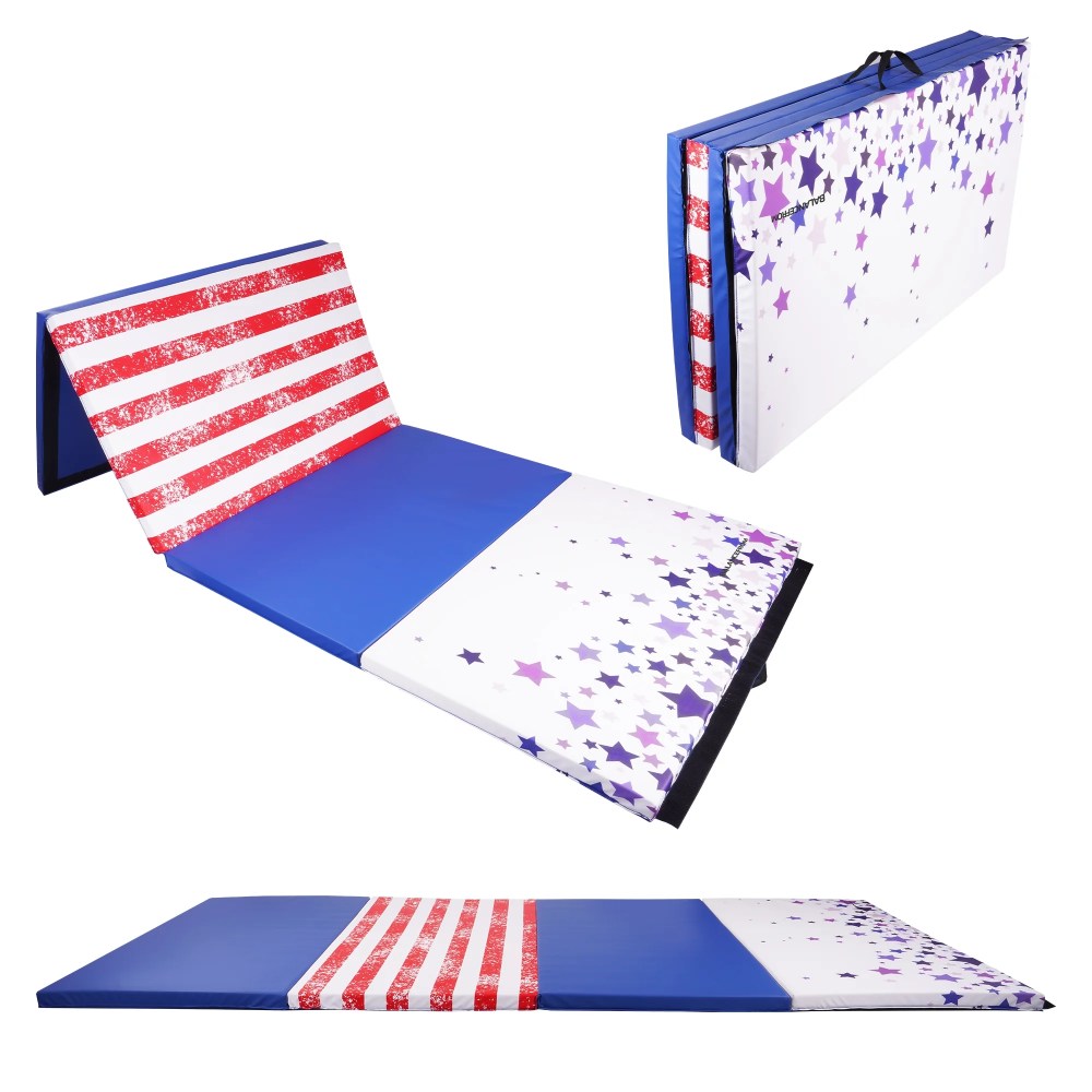 Signature Fitness 4ft x 10ft x 3in Folding Gymnastics Mat, 4-Panel Extra Thick Exercise Mat with Handles, PVC Leather EPE Foam, Multiple Colors