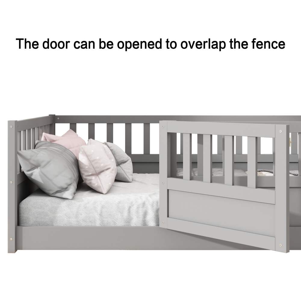 Euroco Twin Wood Floor Bed with Fence and Door, Low Wood Bed for Toddle Kids Teens, Gray - Image 10