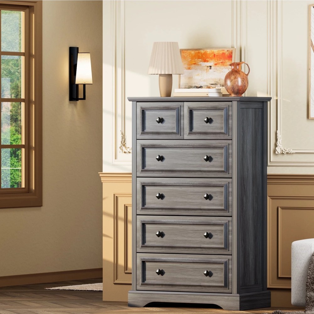 Winkalon 6 Drawer Tall Dresser,48"H Chest of Drawers,Wooden Storage Cabinet for Bedroom,Gray
