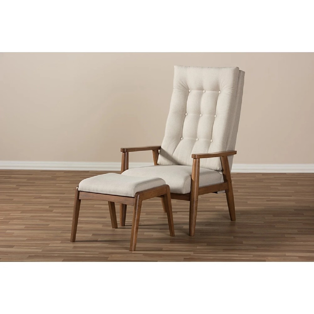 Baxton Studio Roxy Mid-Century Modern Walnut Wood Finishing and Light Beige Upholstered Button-Tufted High-Back Lounge - Image 3