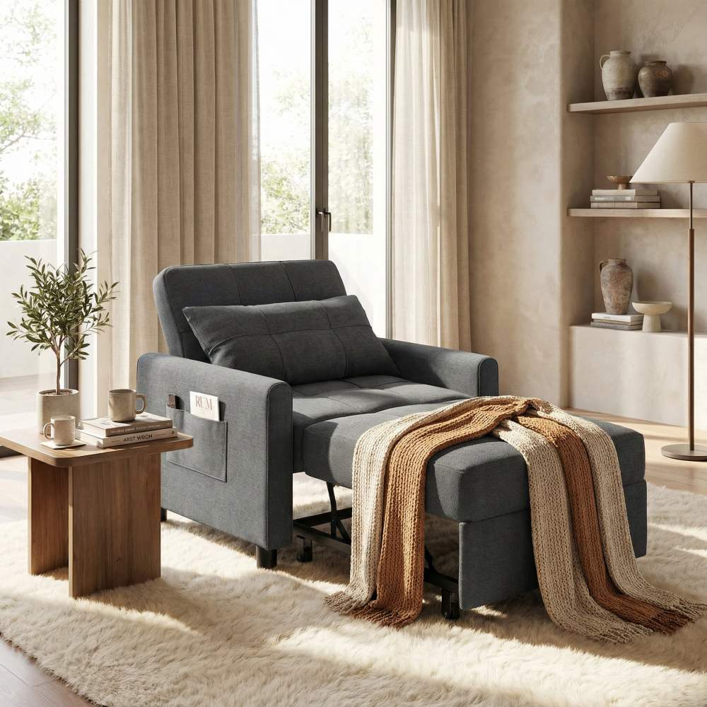 Adjustable Backrest Convertible Sofa Bed,3-in-1 Linen Reclining Sleeper Chair,Multifunctional Couch for Living Room Bedroom Small Space,Dark Grey