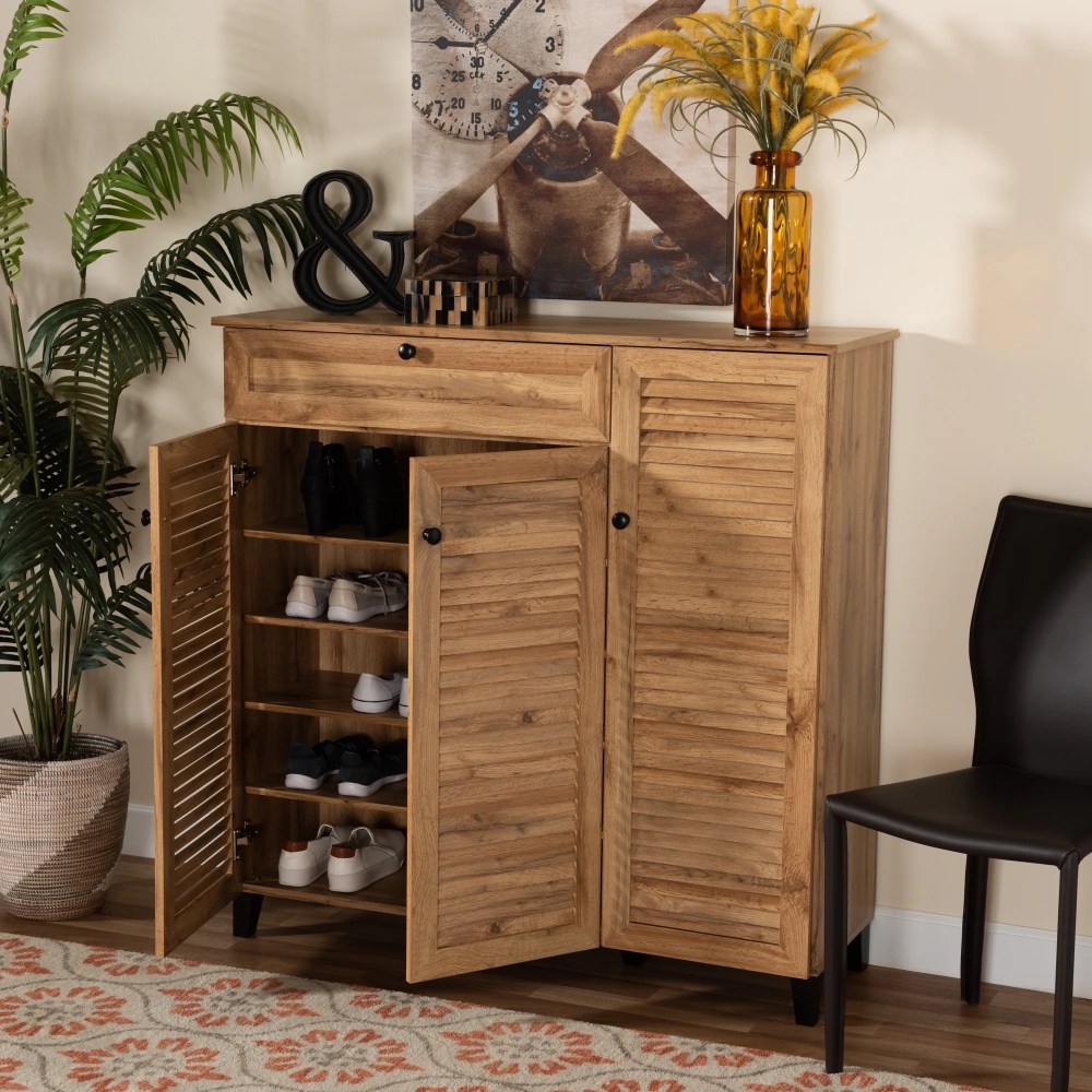 Baxton Studio Coolidge Modern and Contemporary Oak Brown Finished Wood 3-Door Shoe Storage Cabinet with Drawer - Image 10