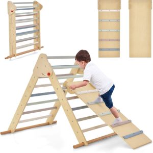 OLAKIDS Climbing Toys for Toddlers, 3 in 1 Foldable Kids Wood Montessori Pikler Climber Ladder with Ramp, Slide for Gym Playground, Baby Indoor Climb Play Structure Activity Set (Colorful)