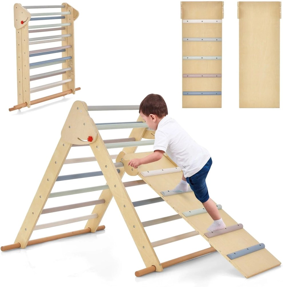 OLAKIDS Climbing Toys for Toddlers, 3 in 1 Foldable Kids Wood Montessori Pikler Climber Ladder with Ramp, Slide for Gym Playground, Baby Indoor Climb Play Structure Activity Set (Colorful)