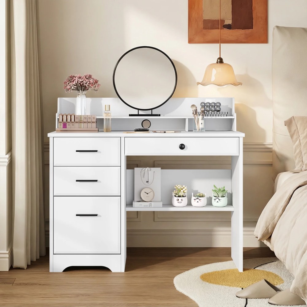 4 Ever Wooden L-Shaped Desk with Hutch & Storage,White - Image 2