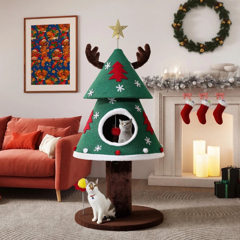 Dextrus 47.2 in Christmas Cat Tree,  Cat Tower with Balls & Cat Teaser,  Indoor Cat Climbing Furniture , Green