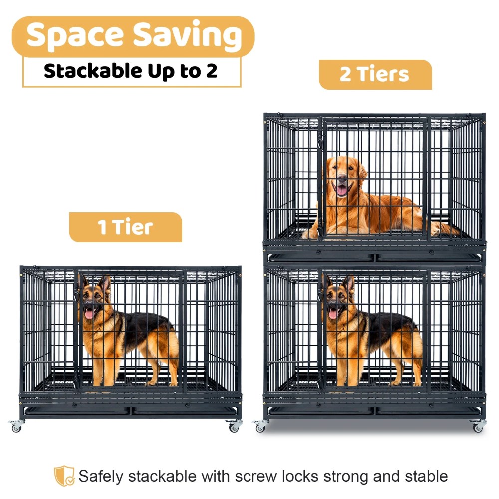 Homey Pet 47 Inch Stackable Heavy Duty Dog Crate, Indestructible Escape Proof Cage for High Anxiety Large Dogs, XL Dog Kennel Indoor with Auto Locks, No-Noise Grid, Dual Trays, 360'Wheels, Top Acces - Image 7