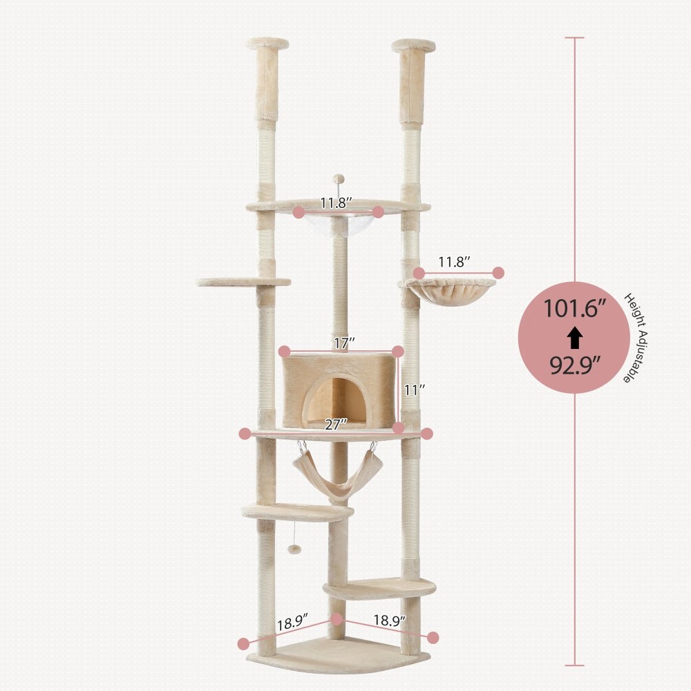 Demi Bonn Floor to Ceiling Cat Tree for Indoor 92"-101" Height Adjustable Cat Tower, Kitty Climbing Play House with Cozy Cat Condo, Perches and Hammock, Beige - Image 4