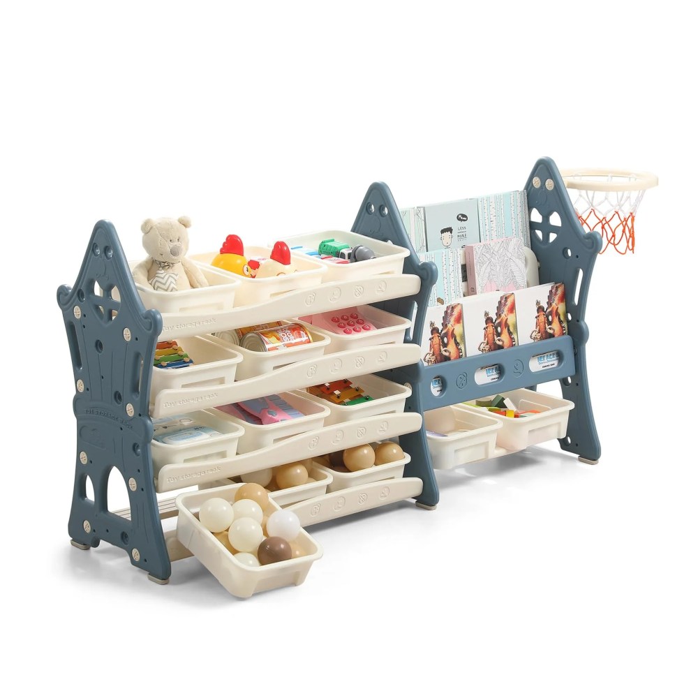 UNICOO Kids Tree House Design Multifunction Bookshelf and Organizer,3-Tier Bookshelves with 4-Tier Storage Rack,14 Storage Bins for Nursery,Playroom,Study Room (Blue & Cream)
