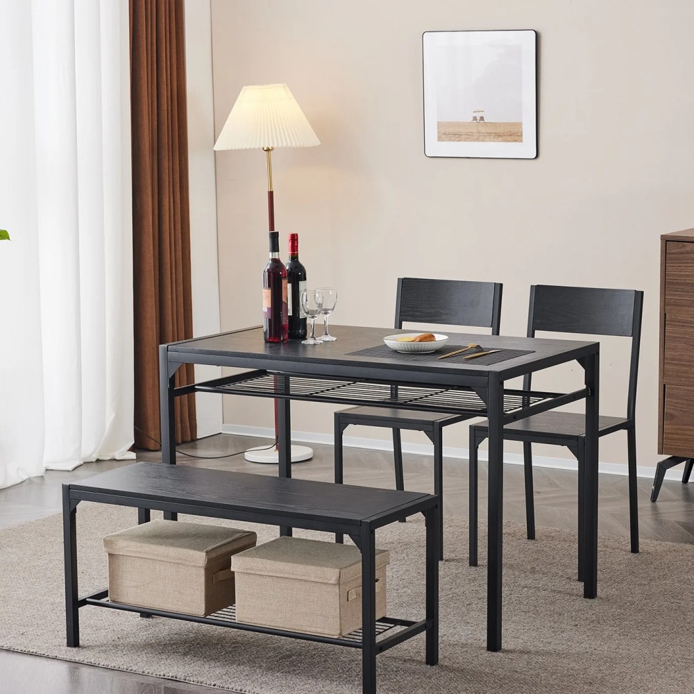 Ktaxon 4 Pcs Dining Table Set,Dinning Set for 4 with 2 Chairs and Bench,Dinner Table with Storage Rack,Nesting Furniture Set for Dining Room,Restaurant,Black Wood