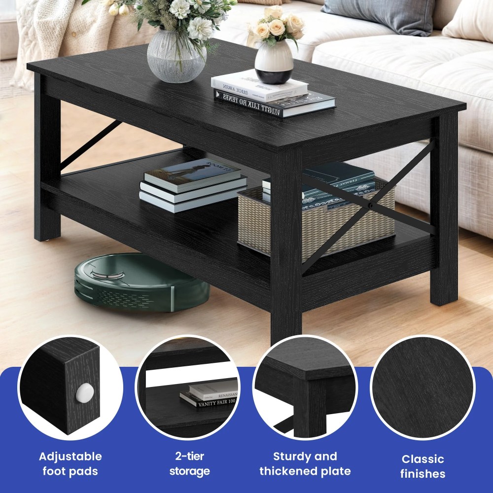 Wooflex Wood Farmhouse Coffee Table with 2-Tier Open Shelf-Black-Living Room & Home Office - Image 8