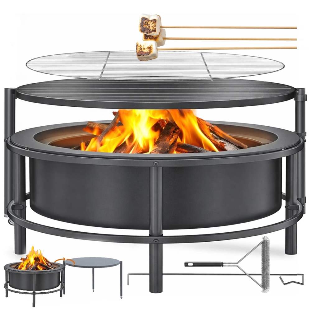 52" Fire Pits for Outside,Foldable Fire Pits with 26" Fire Stove and Table,Cold-Rolled Steel Fire Pit Tables with BBQ Net,Poker,Grill Brush and Protective Cover
