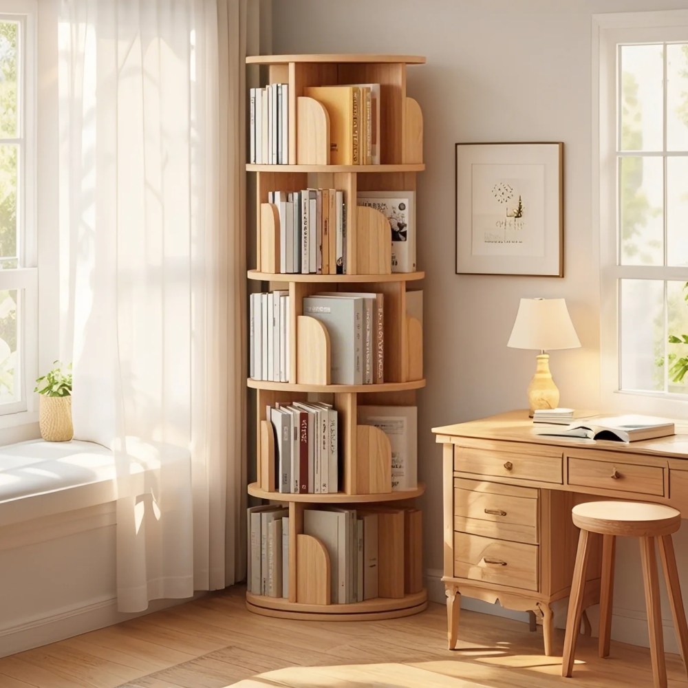 5 Tier Rotating Bookshelf,360'Display Round Spinning Bookshelf,Space-Saving,Small Space Rotating Bookshelf Tower for Bedroom,Living Room,Home,Office,Nature