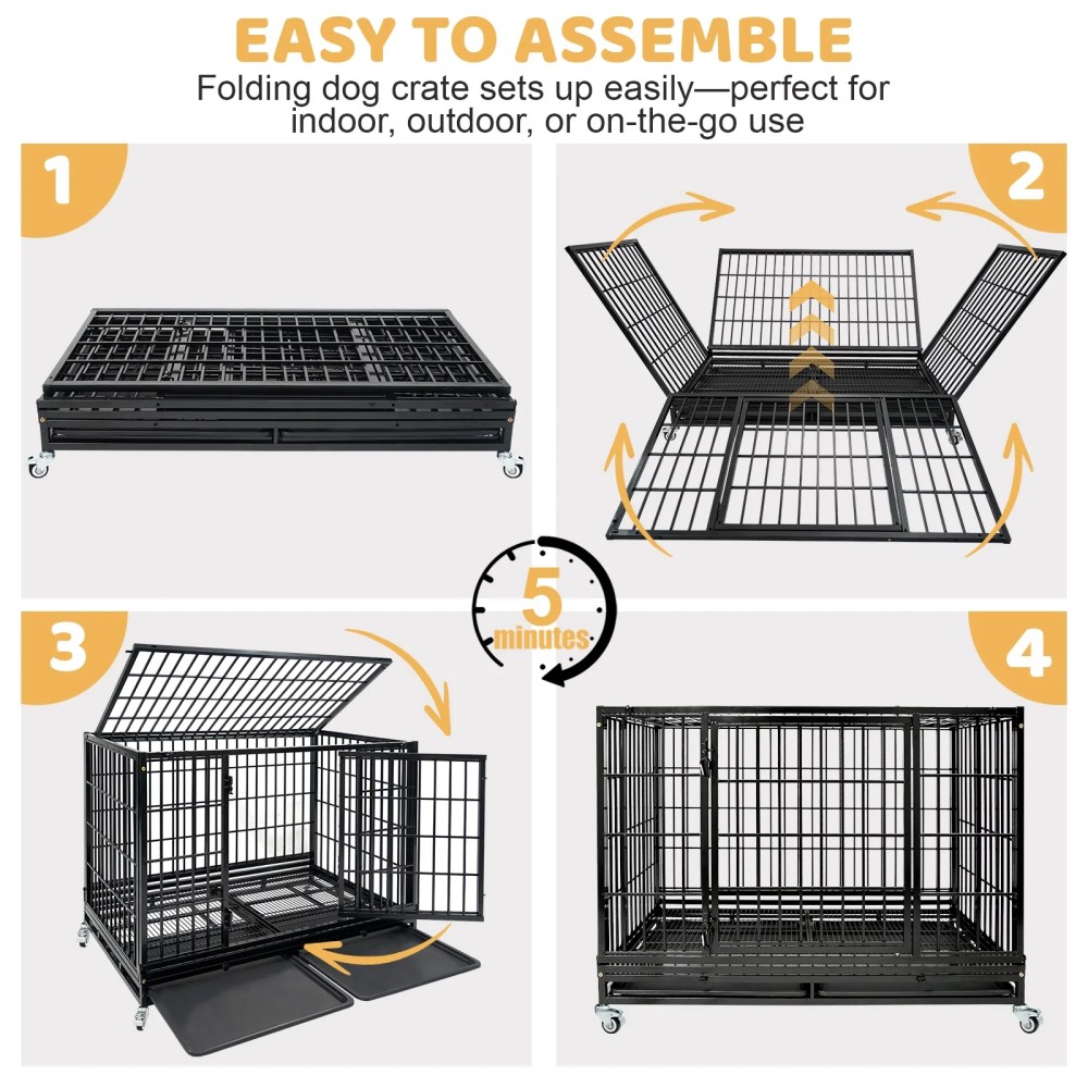 Homey Pet 47 Inch Stackable Heavy Duty Dog Crate, Indestructible Escape Proof Cage for High Anxiety Large Dogs, XL Dog Kennel Indoor with Auto Locks, No-Noise Grid, Dual Trays, 360'Wheels, Top Acces - Image 2