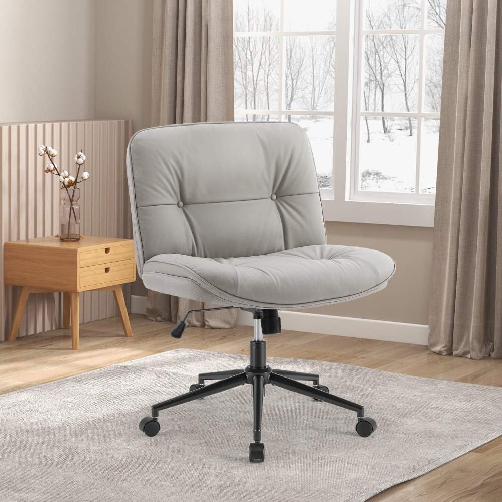 JIOABL Armless Office Chair with Wheels,Wide Ergonomic PU Leather Swivel Chair with Height Adjustable,Comfortable Computer Accent Chair for Living or Bed Room,Khaki