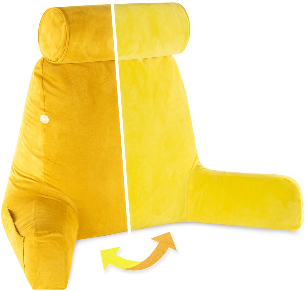 XXL Husband Pillow Aspen Edition - Adult Reading Bed Rest Pillow with Arms & Detach Neck Roll on Bungee Cord - Premium Memory Foam, Reversible 2 Sided Covers Micro Suede or Plush, Gold Rush