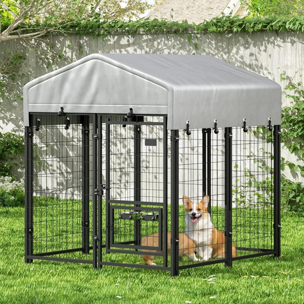 Coziwow Heavy Duty Dog Kennel Outdoor,  Metal Dog Crate & Playpen with Waterproof UV-Resistant Cover and Rotating Feeding Door,  4" x 4" x 4.6",  Black