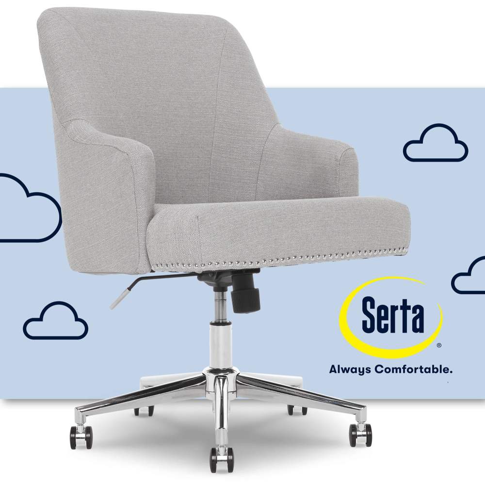 Serta Leighton Home Office Desk Chair, Stylish Mid-Back with Chrome Nailheads, Memory Foam Cushion and Padded Arms, Modern Vanity Armchair, Swivel Base, Twill Fabric, Light Gray